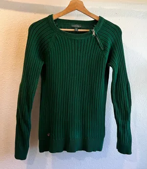 Ralph Lauren Green Ribbed 100% Cotton Zipper Detail Elbow Patch Top Size Medium thumbnail 1