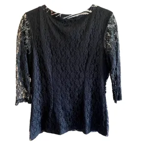 Tango Mango Black Patterned 3/4 Sleeve Lace Back Sheer Sleeves Blouse‎ Size L thumbnail 2