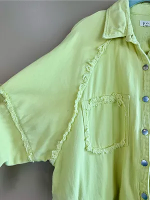 POL Chartreuse Green Raw Hem Cotton Shacket Jacket Oversized Frayed Small Casual thumbnail 11