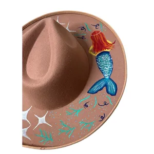 Handmade Painted Moon Mermaid Celestial Boho Rancher Western Hat Gypsy Whimsical thumbnail 5