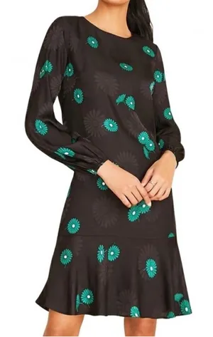 Ann Taylor Green Floral Jacquard Black Flounce Shift Dress with Pockets Size 8 thumbnail 1