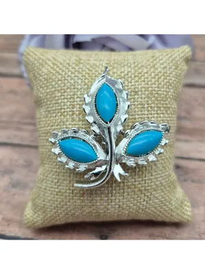 Vintage Faux Turquoise Brooch Clip On Earrings Demi Parure Silver Tone thumbnail 3