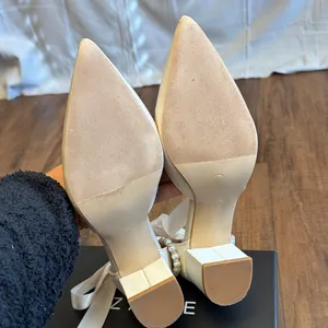 Azazie Cream Heels with Bow and Pearl Accent thumbnail 6