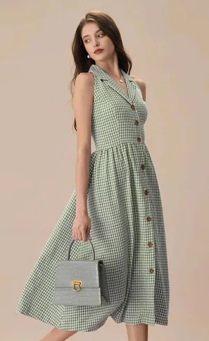 RIHOAS The Green Lapel Plaid Sleeveless Shirt Midi Dress M thumbnail 2