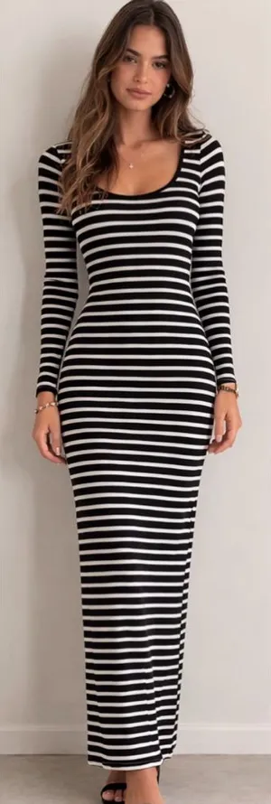 Bebe women’s Dress size XXS Black White Striped Maxi Bodycon Made USA(A478)✨ thumbnail 1