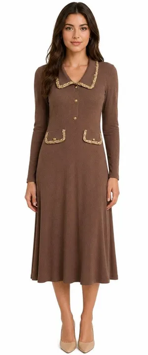Cider 2020s Brown Ribbed Midi Dress Gold Trim Stretch NWT Large thumbnail 1