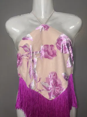 For Love & Lemons Tank Top Womens Small Pink Floral Fringe Halter Cropped Party thumbnail 1
