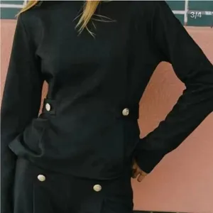 Zara NWT charcoal monk long sleeve gold button detail twill peplum top thumbnail 4
