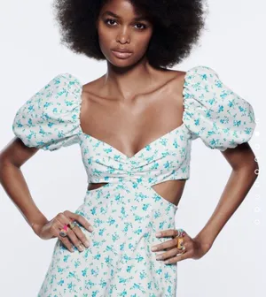 Dress Mini Cutout Floral Print Blue & White XS thumbnail 2