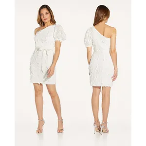 Adrianna Papell One Shoulder 3D Floral Applique Mini Dress White Bridal Wedding thumbnail 2