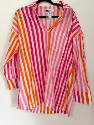 Beach riot stripes button down collared size l/xl pink and orange blouse thumbnail 1