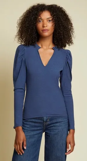 Nation LTD Tamira Elizabethan Tee Ocean Blue Ruffle Pima Cotton Top Medium thumbnail 1