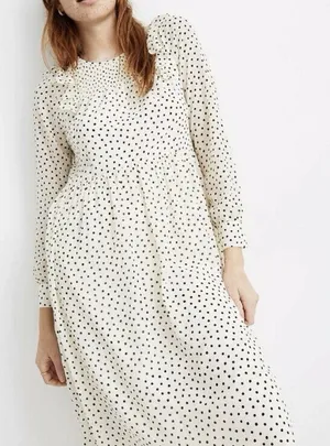 Madewell Smocked Ruffle Shoulder Midi Dress Small Inkbrush‎ Dots White Black thumbnail 1