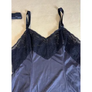 VTG Wonder Maid Nightgown SLIP Navy Black Satin Full Slip Lace SZ 38 Negligee thumbnail 4