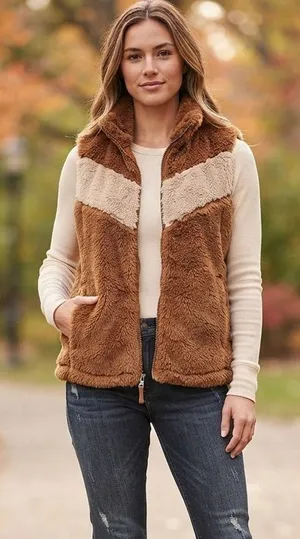 Patagonia High Pile Faux Fur Vest Gorpcore Brown Chevron Full Zip Layering M thumbnail 1