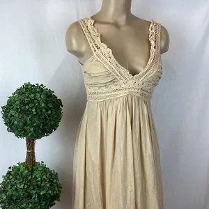 Tan Cotton Crochet Lace Trim Long Sleeveless Maxi Dress M thumbnail 2