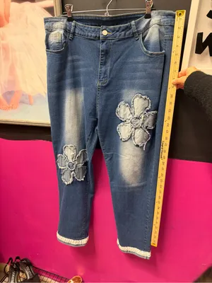 Floral Applique Lace Trim Straight Leg Denim Jeans Blue 3XL Boho‎ Stretch thumbnail 8