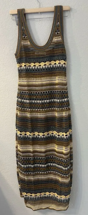 Zara Green Multi-Color Striped Crochet Maxi Dress Size S thumbnail 1