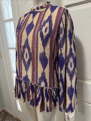 Oliphant Silk & Cotton Purple Ikat Ruffle Hem Long-Sleeve Top Size Large💜 thumbnail 8