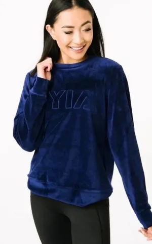 Zyia Active Navy Blue Velour Crewneck Sweatshirt Embossed Logo Size Medium thumbnail 1