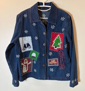 Vintage NorthCrest Blue Denim Christmas Patchwork Jacket Snowman Holiday‎ Large thumbnail 1