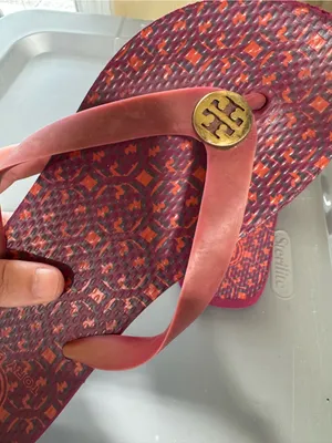 Tory Burch Logo Lattice Red Printed Flip Flops with Logo Medallion thumbnail 2