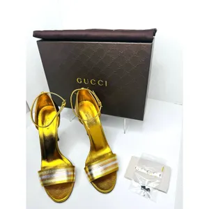Gucci Cara Gold Metallic Leather Strappy High Heel Sandals EU 38 thumbnail 9