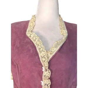 Vintage Pink Suede Lace Trim Western‎ Prairie Blouse Peplum Romantic Leather Top thumbnail 2