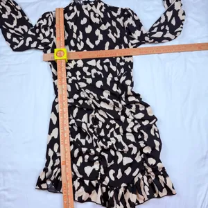 YOZY Women Leopard Print Mock Neck Ruched Ruffle Mini Dress Black Cream Small thumbnail 6