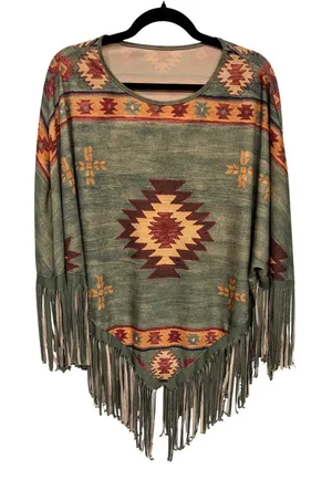 Southwestern Aztec Fringe Poncho Tunic Sage Green Earth Tone Top Santa Fe XL/XXL thumbnail 1