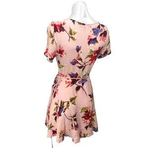 Lulus Cherished Love Pink Floral Short Sleeve Mini Fit & Flare Wrap Dress Size M thumbnail 3