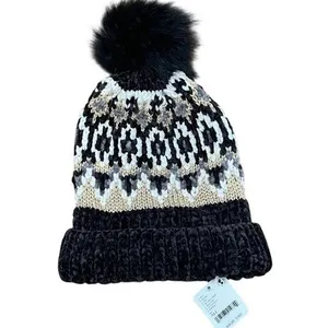 Free People Chalet Fairisle Pom Beanie Hat Black/Gold Metallic Combo One Size‎ thumbnail 3