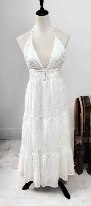 NWT En Crème White Swiss Dot Halter Open Back Cutout Tiered Summer Maxi Dress Sm thumbnail 1