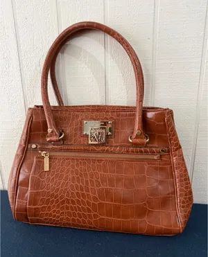 Anne Klein Cognac Brown Croc Embossed Faux Leather Satchel Handbag Gold Hardware thumbnail 1