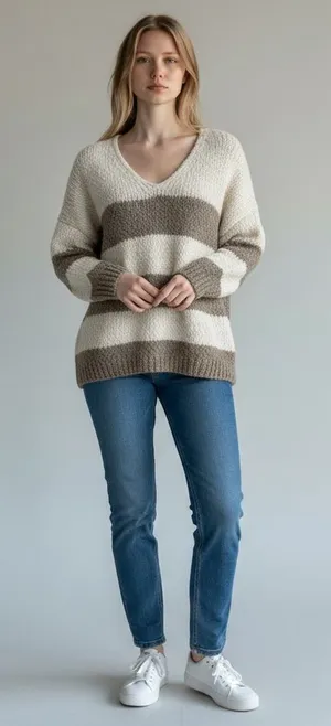 Altar'd State Cream & Taupe Striped V-Neck Sweater thumbnail 1