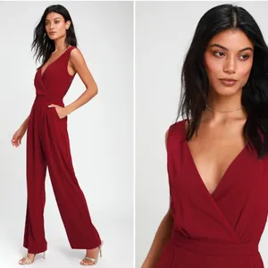 LULU's Sexy Elegant Chic Lace Minimalistic Wedding Burgundy Wide Leg Jumpsuit thumbnail 3