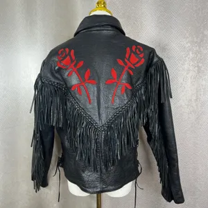Womens Black Leather Fringe Motorcycle Jacket Red Rose Embroidery Western Size M thumbnail 2