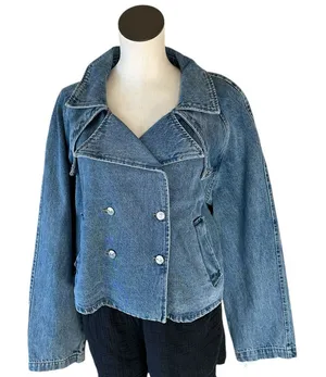 NWT Steve Madden Short Denim Trench Jacket Blue Denim Blue Medium thumbnail 1