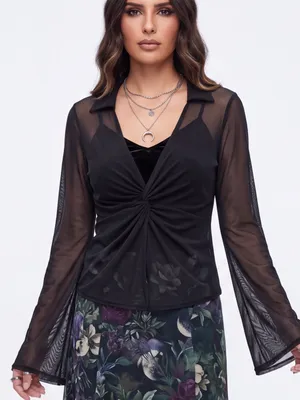 Skönhet Sheer Mesh Flare sleeve Cuff Low-Cut Cover Up Top whimsigoth y2k 90s thumbnail 1