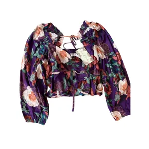 Band of the Free Floriane Boho Girly Floral Long Sleeve Crop Blouse Purple M thumbnail 2