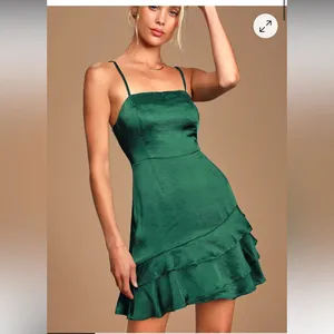 Lulus Dreams Come True Emerald Green Satin Ruffled Mini Dress Size Medium NWT thumbnail 7