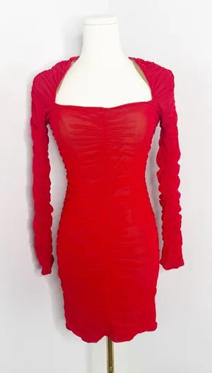 Michael Costello x Revolve Ruched Bodycon Mini Dress Red M thumbnail 1