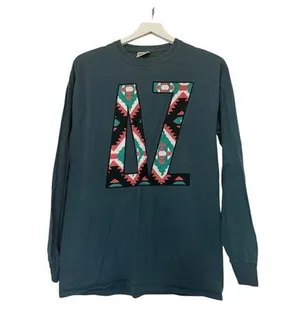Comfort Colors Delta Zeta Teal Green Blue Aztec Print Block Letter Long Sleeve T-Shirt Medium thumbnail 1