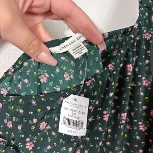 American Eagle Dark Green Pink Ditsy Floral Silky One Shoulder Dress Medium NWT thumbnail 3