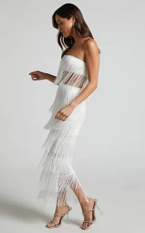New Showpo Amalie 2PC Set Fringe Strapless Crop Top & Midi Skirt Set Size XS thumbnail 4