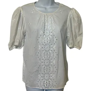 EXPRESS‎ Bright White Eyelet Puff Sleeve Floral Embroidered Blouse Top EUC Small thumbnail 2