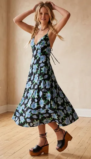 Free People Finer Things Printed Halter Midi Dress Black Combo Large Tropical thumbnail 1