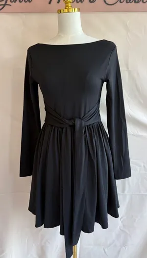 Black Long Sleeve Fit and Flare Dress with Square Neck and Waist Tie, Size Small thumbnail 1