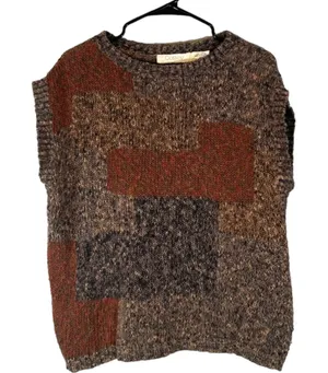 Cassidy Brown Earthy Patchwork Short Sleeve Linen Blend Knit Sweater Women Sz L thumbnail 1