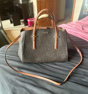 Calvin Klein Monogram Satchel Handbag in Brown with Tan Trim thumbnail 1